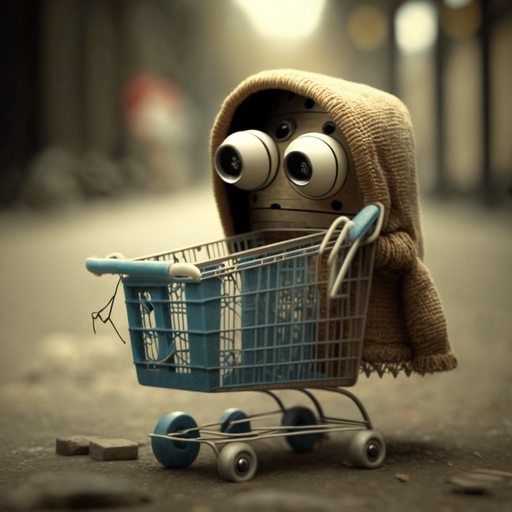 sad robot with a shopping cart